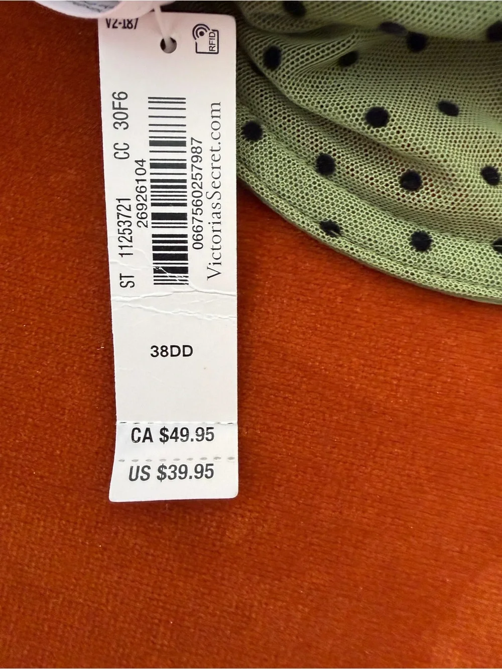 Victoria Tease NWT Unlined Woodland Green Polka Dot Demi Bra 38DD